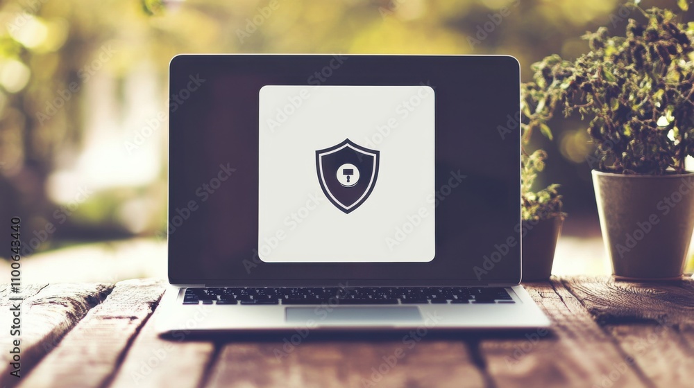 Poster laptop displaying a shield icon on screen for security concepts