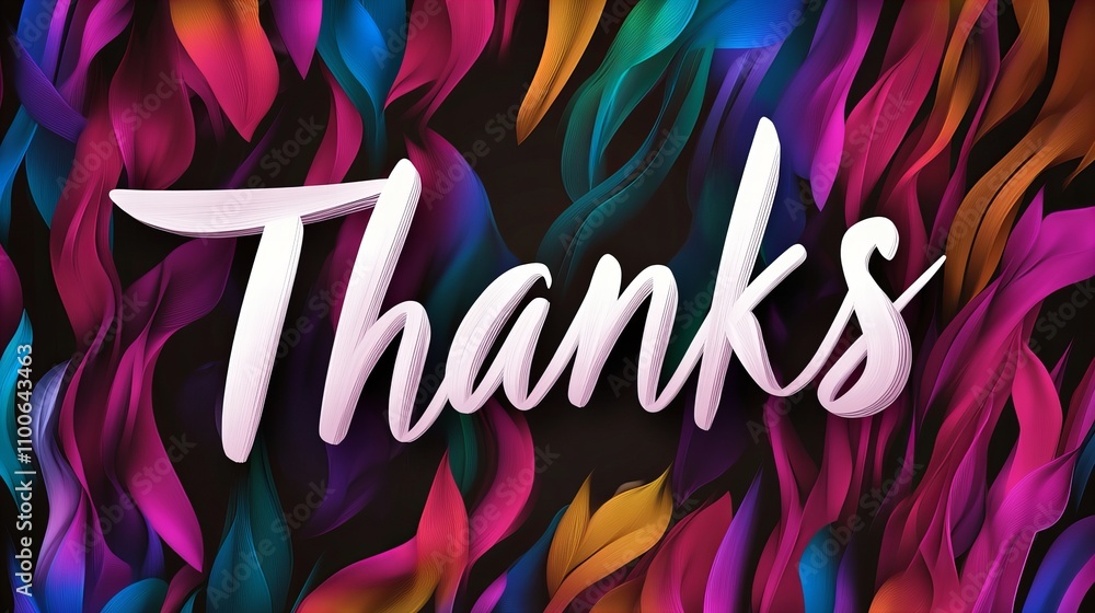Poster colorful abstract background with flowing shapes and the word 'thanks' in elegant script.