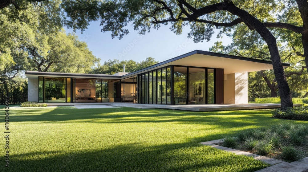Poster modern architectural design with large windows and open landscape