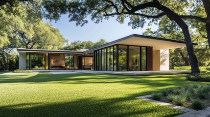 Modern architectural design with large windows and open landscape