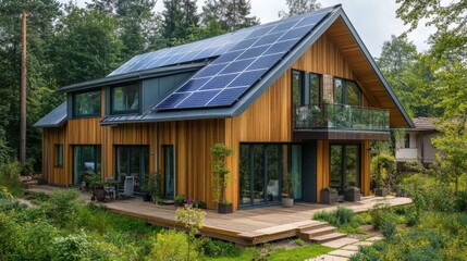Obraz premium Modern Eco-Friendly House with Solar Panels Surrounded by Nature