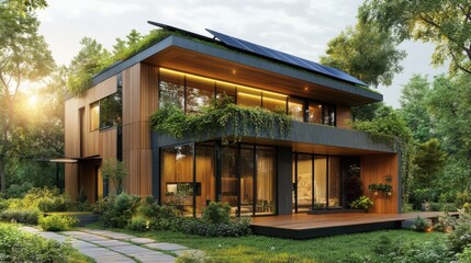 Fototapeta premium Modern Eco-Friendly House with Solar Panels Surrounded by Nature