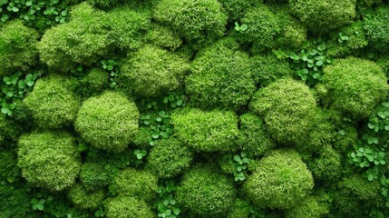 Lush green moss wall texture with small plants.