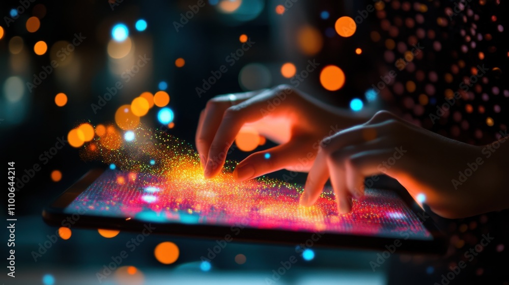 Poster touchscreen interaction with colorful digital effects and bokeh lights