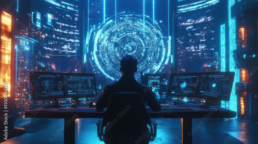Poster futuristic operator in high-tech control room with data visualization