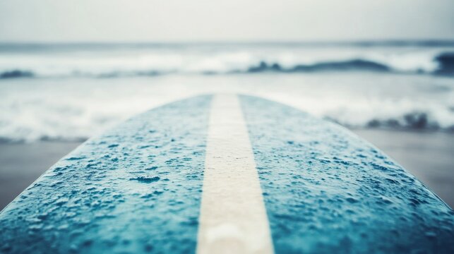 A surfboard with a focus on the waxed surface, outdoor setting with beach in background, Laid-back style
