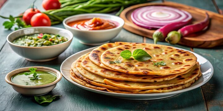 Delicious Onion Parotha Served with Tomato Ketchup and Green Chutney, Highlighting the Crispy Texture and Golden Brown Color, Perfect for Food Lovers and Culinary Enthusiasts