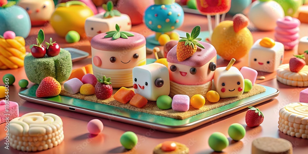 Poster delightful 3d marshmallow characters enjoying snacks on a large smartphone with colorful background 