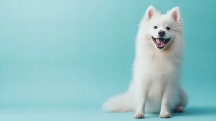 A fluffy Samoyed dog sitting on its hind legs, with soft, pure white fur that blends into the clean light-blue background, its mouth open in a friendly smile and eyes gleaming with warmth 11_071959