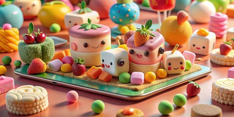 Fototapeta premium Delightful 3D Marshmallow Characters Enjoying Snacks on a Large Smartphone with Colorful Background and Fun Elements for Playful Food Photography