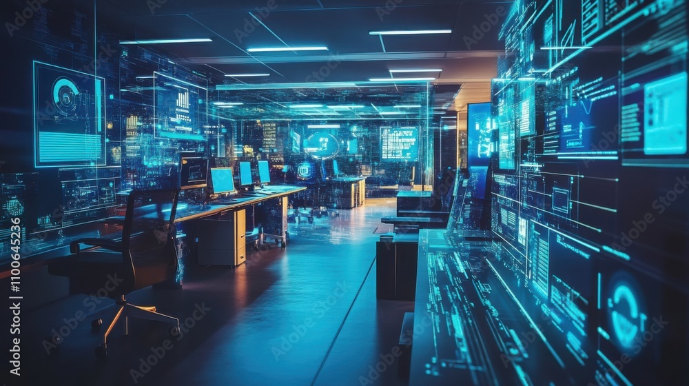 Poster futuristic digital workspace with high-tech displays and data flow