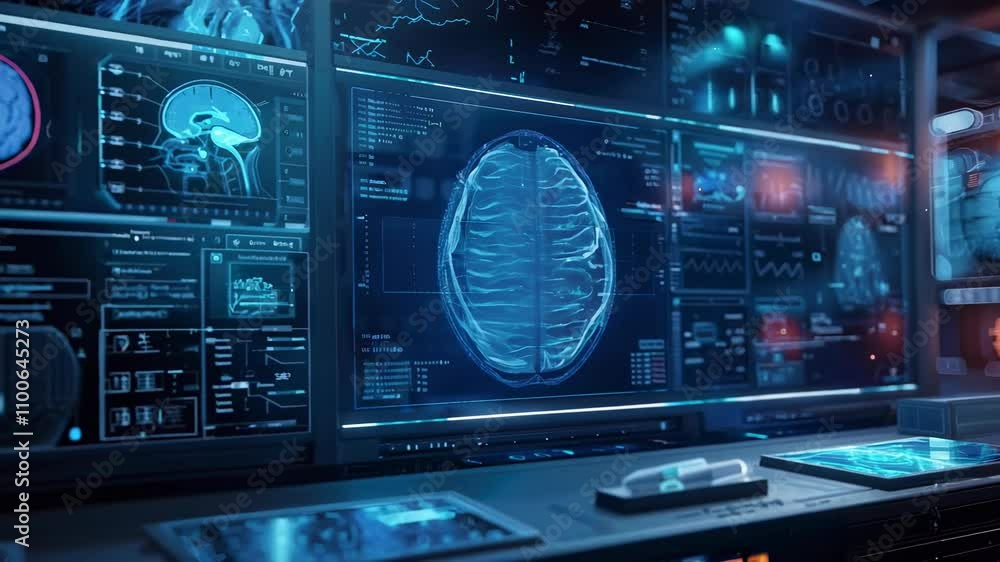 Poster futuristic medical technology displaying brain scans and data analysis