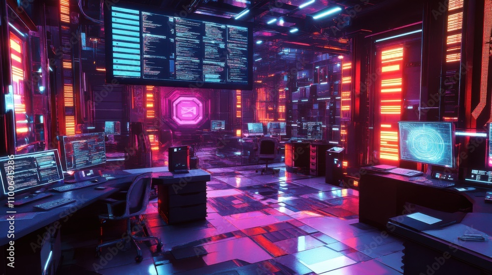 Poster futuristic data center with neon lights and high-tech computers