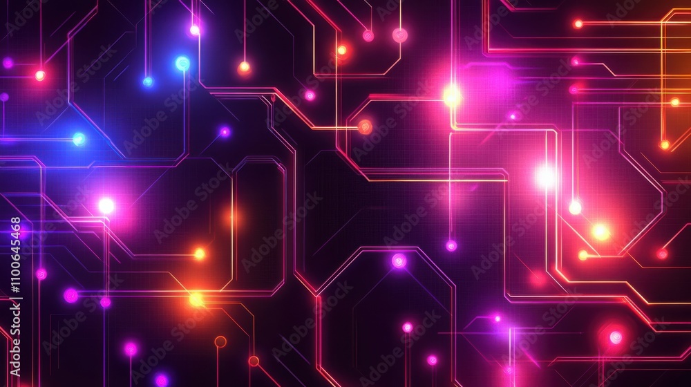 Poster colorful abstract circuit design with bright lights and patterns