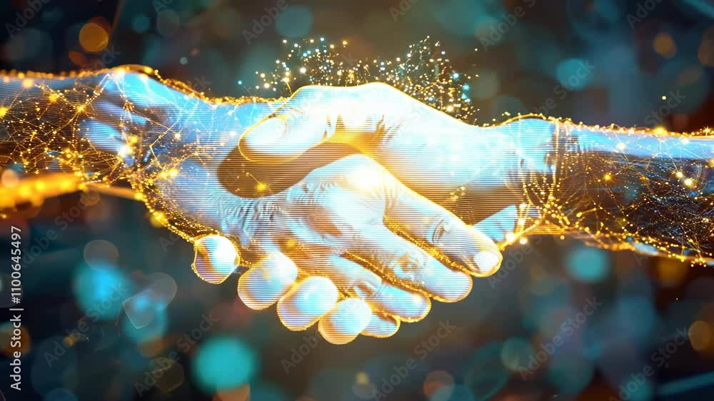 Poster digital handshake symbolizing partnership and technology in a connected world