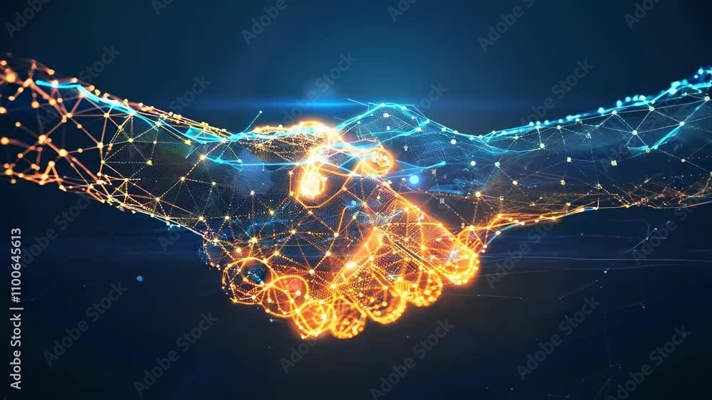 Poster futuristic digital handshake symbolizing collaboration and connection in technology