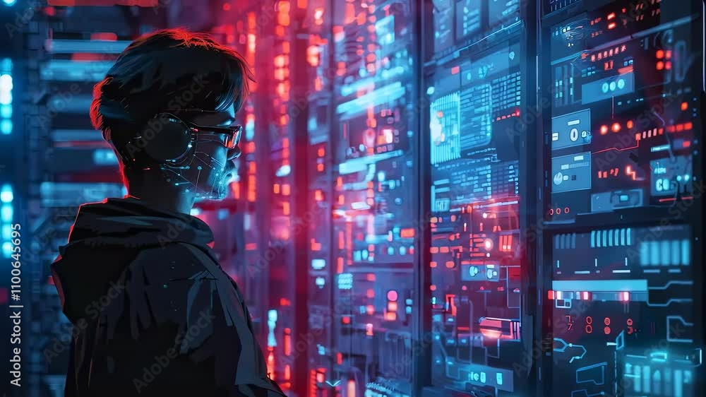 Poster futuristic hacker in digital world with glowing data screens