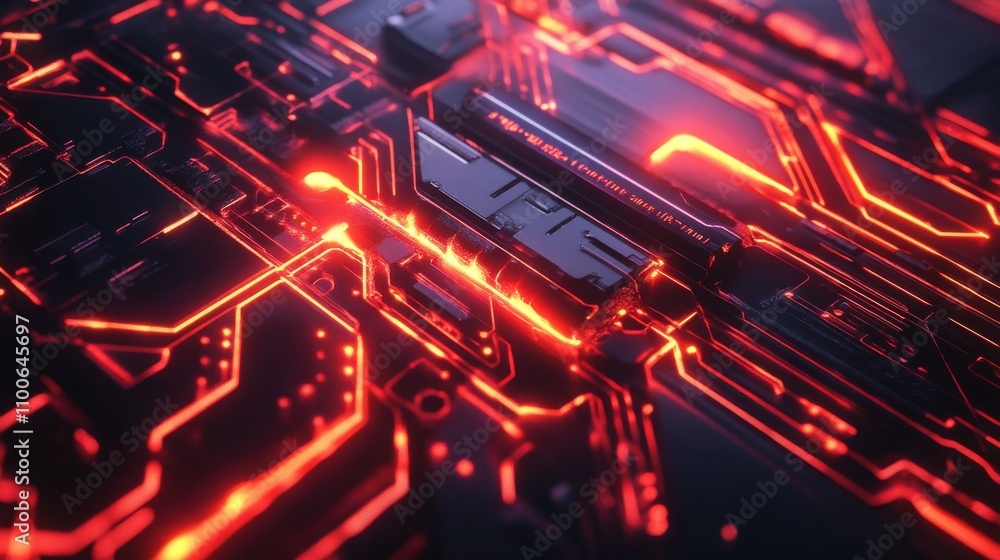 Poster futuristic electronics circuit board with glowing red lines