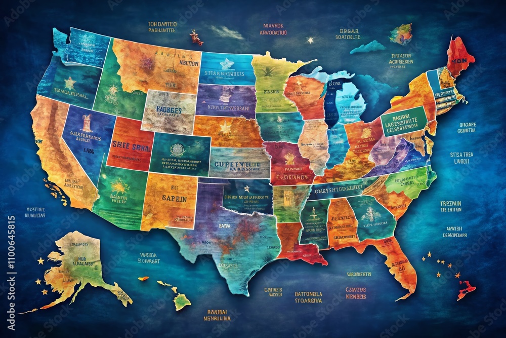 Poster detailed aerial view of the usa map highlighting county borders with distinctive color markings for 