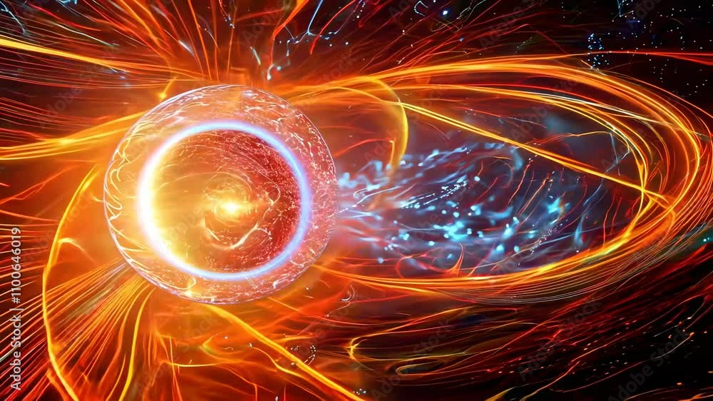 Poster vibrant abstract representation of an atom with glowing particles in motion