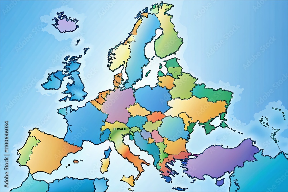 Poster detailed european map illustration with copy space for design projects, featuring borders and major 