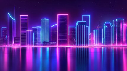 Fototapeta premium Futuristic City Skyline at Night with Neon Lights and Reflections