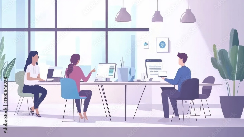 Poster modern office space with diverse team collaborating on projects