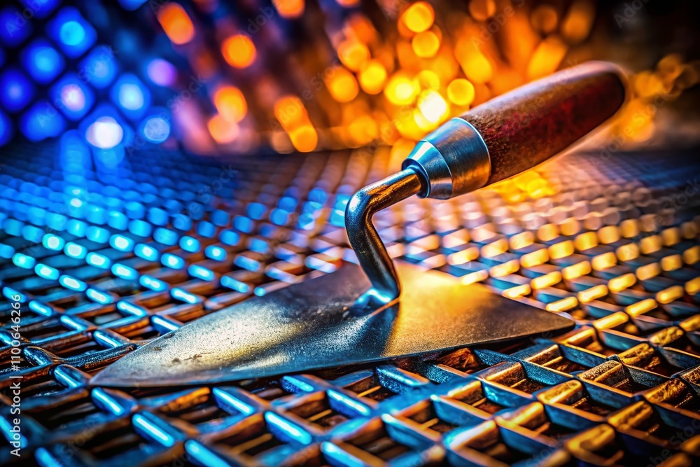 Poster detailed macro photography of a construction trowel tool, capturing the texture and design for use i