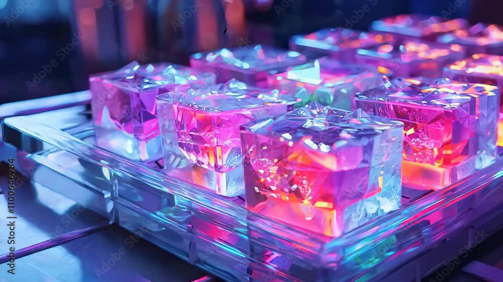 Poster vibrant ice cubes illuminated with colorful light in a modern setting