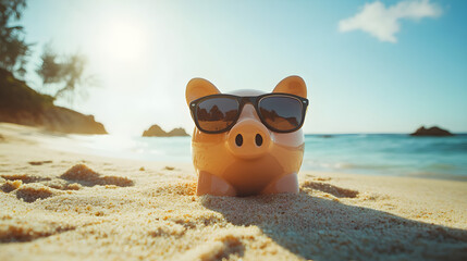 A piggy bank wearing sunglasses, resting on a beach