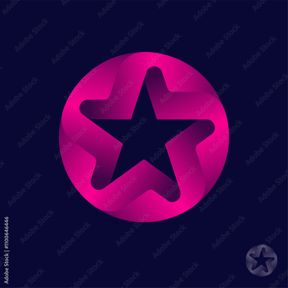 Poster the five-pointed star in a pink circle consists of intertwined three-dimensional figures.