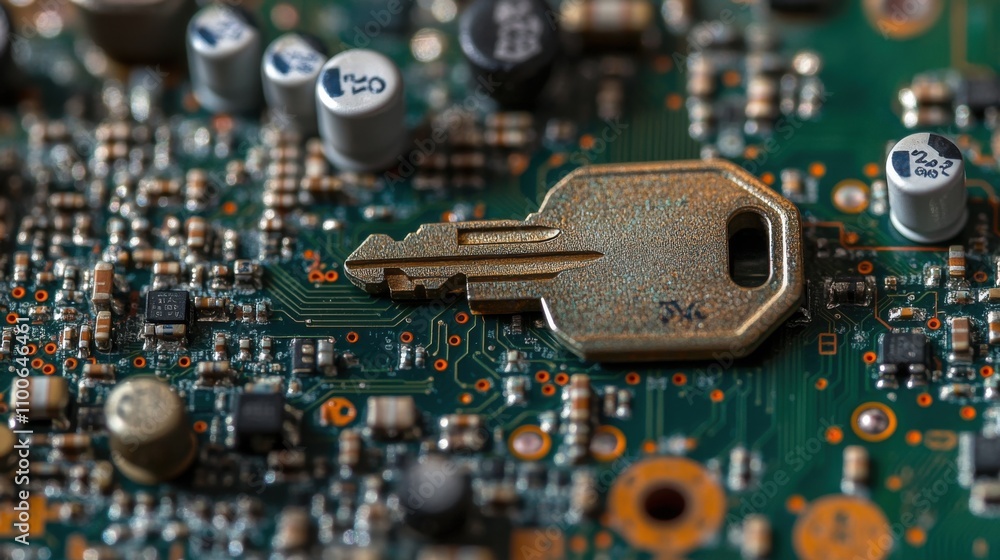 Poster key on a circuit board with electronic components and textures