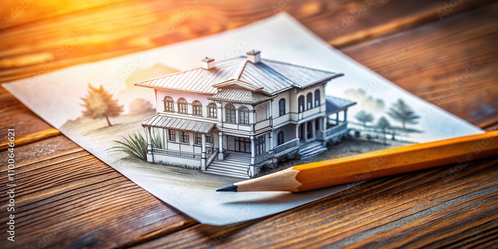 Poster detailed tilt-shift photograph of a white paper displaying a building sketch with pencil, capturing 