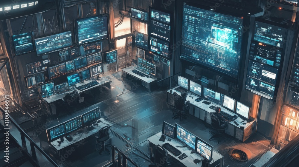 Poster advanced technology control room with multiple screens and monitors