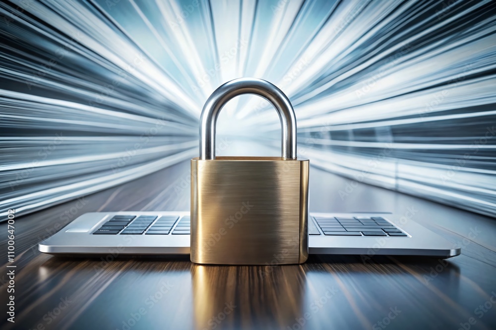 Poster digital padlock symbolizing cyber security and data protection in front of a laptop against a white 