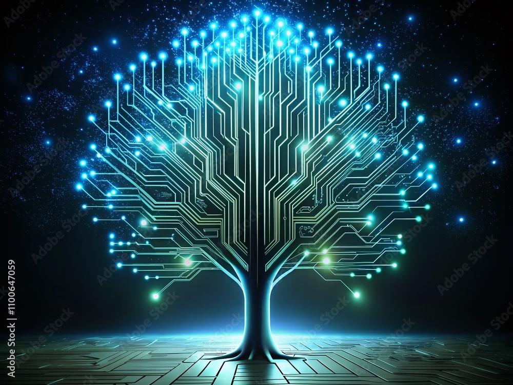 Aufkleber digital tree of knowledge: intricate circuitry illuminating growth in technology under low light con