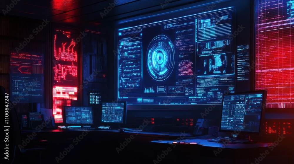 Poster futuristic control room with advanced technology and data displays