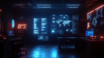 Obraz premium Futuristic Control Room with Digital Displays and Technology Interfaces