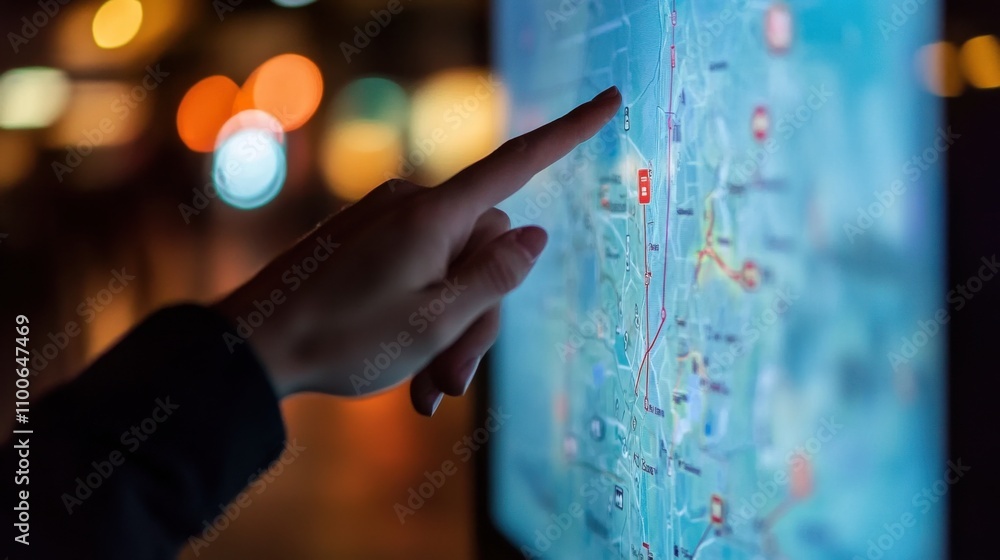 Poster hand pointing at interactive digital map display in urban setting
