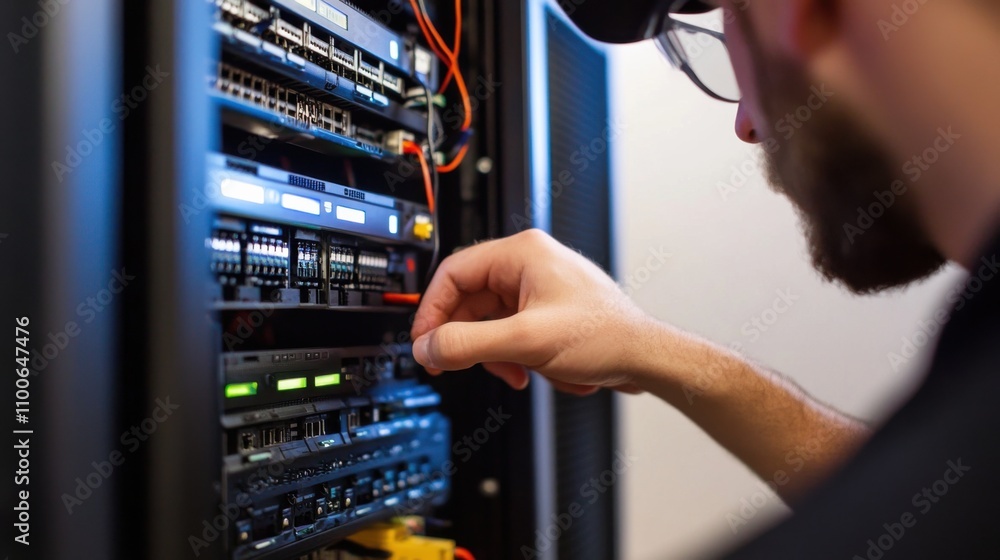 Poster technician working on networking equipment in server room