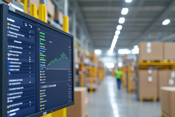 Digital screen displaying inventory charts in warehouse environment, showcasing data analytics and stock management. setting emphasizes efficiency and organization in logistics