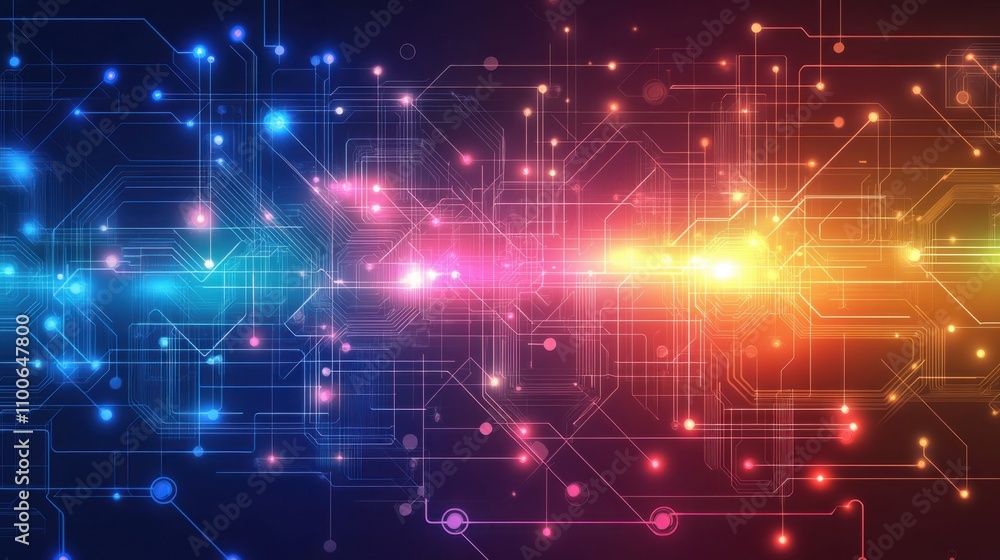 Poster colorful abstract digital background with circuit patterns and lights