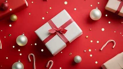 Fototapeta premium Christmas gifts. A festive gift box with a red ribbon sits on a vibrant red background, surrounded by ornaments and candy canes, evoking a holiday celebration.