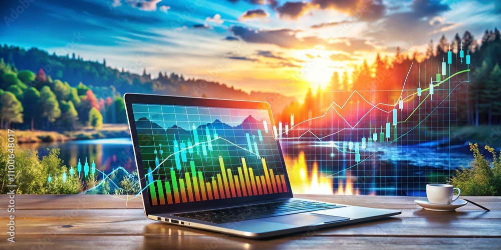 Poster double exposure of abstract financial chart on modern laptop background showcasing research and stra