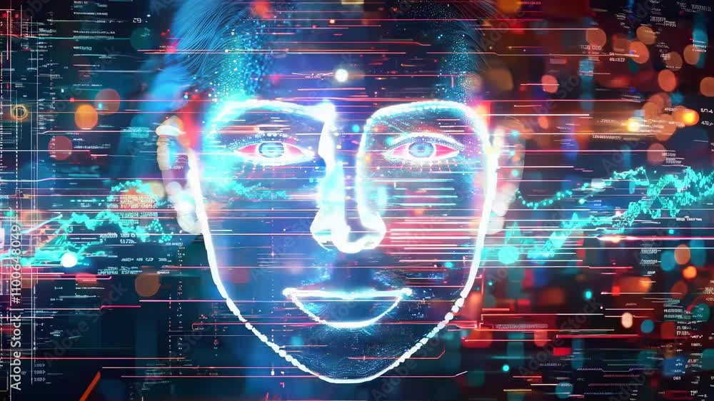 Poster futuristic digital face with glowing data points and abstract background