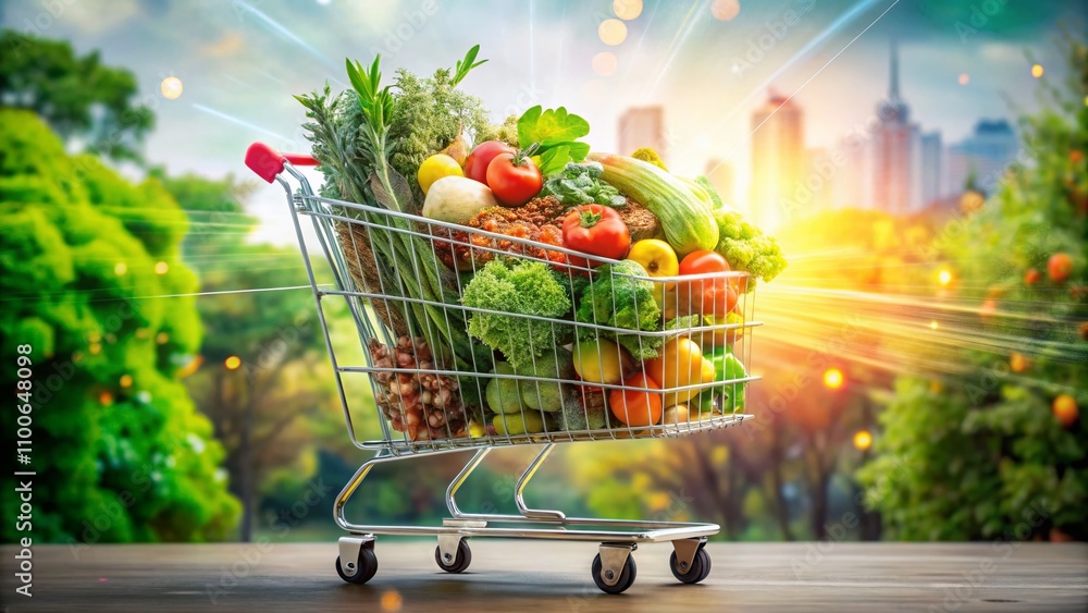 Poster double exposure of a market cart merging with e-commerce visual elements for a dynamic representatio