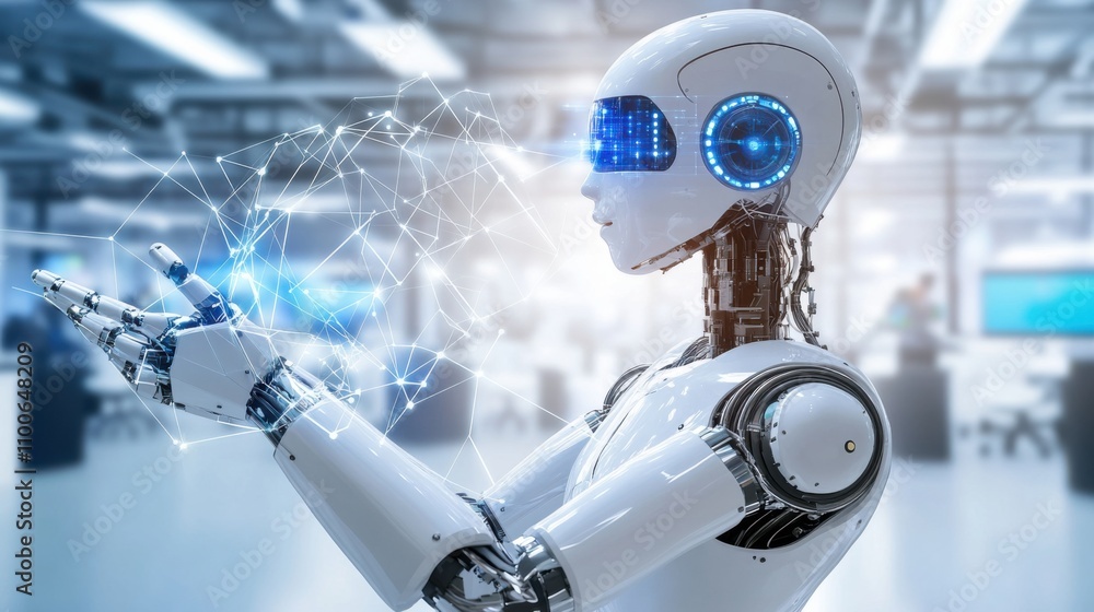 Poster futuristic robot with digital interface in high-tech environment