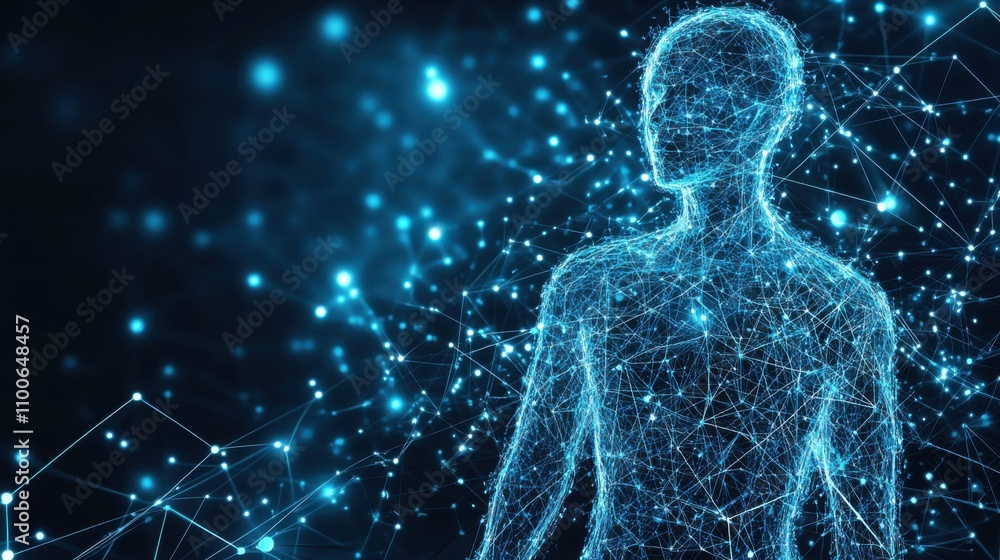 Poster digital human model with connected lines and points in blue light