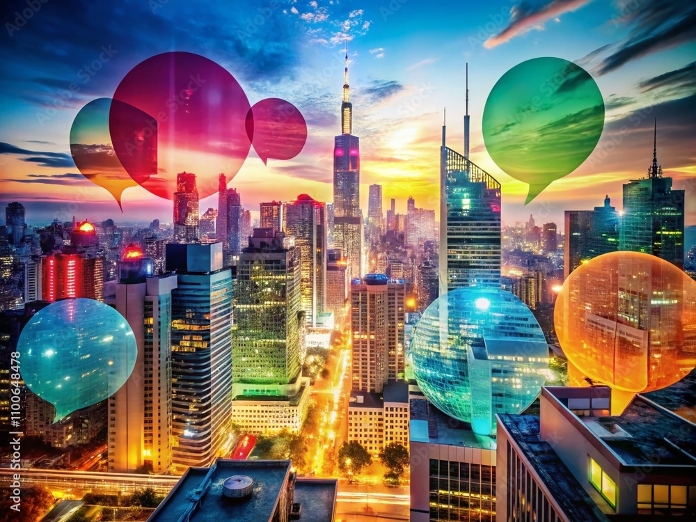 Poster double exposure photography featuring chat bubbles in an abstract communication concept with layered