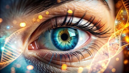 Double Exposure Photography Depicting Eye Diagnosis and Health Prevention with Genetic Elements, Specialist Examination, and Eye Movement Analysis in a Vibrant Color Scheme